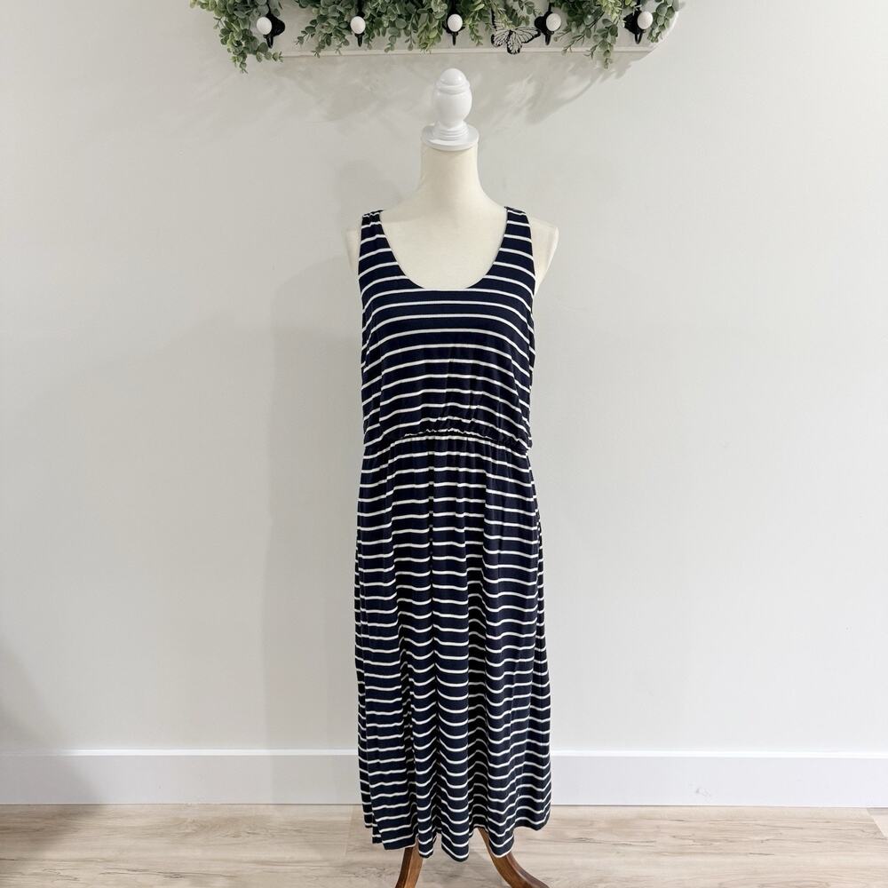 Soma Soft Jersey Maxi Dress Blue/White Stripe Pockets Sleeveless Size L QQ4518